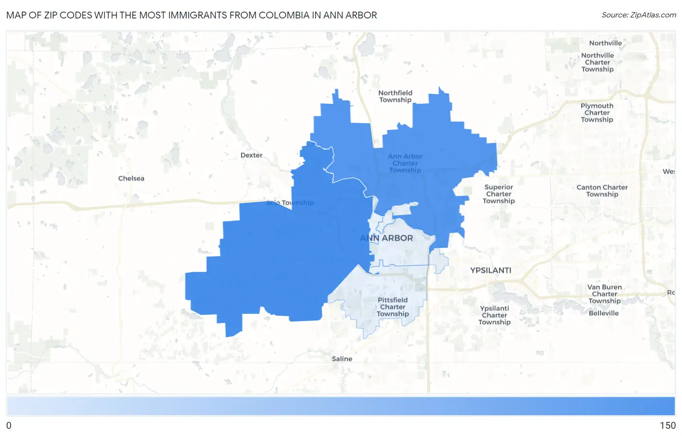 Zip Codes with the Most Immigrants from Colombia in Ann Arbor Map