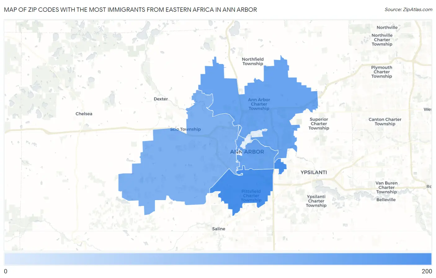 Zip Codes with the Most Immigrants from Eastern Africa in Ann Arbor Map