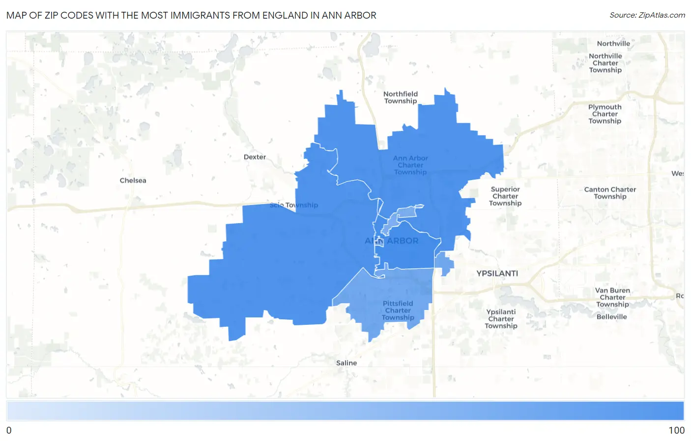 Zip Codes with the Most Immigrants from England in Ann Arbor Map