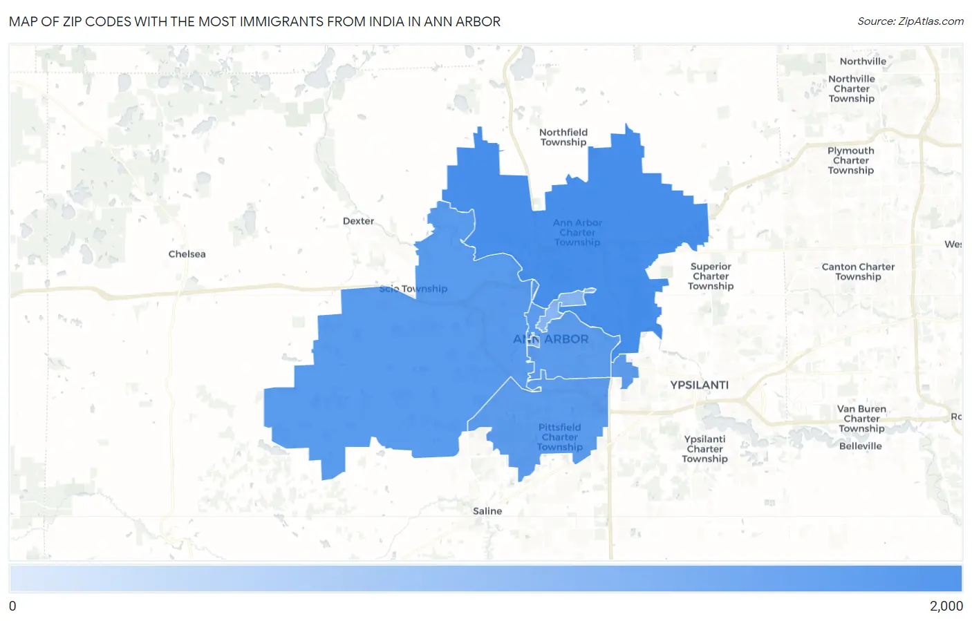 Zip Codes with the Most Immigrants from India in Ann Arbor Map