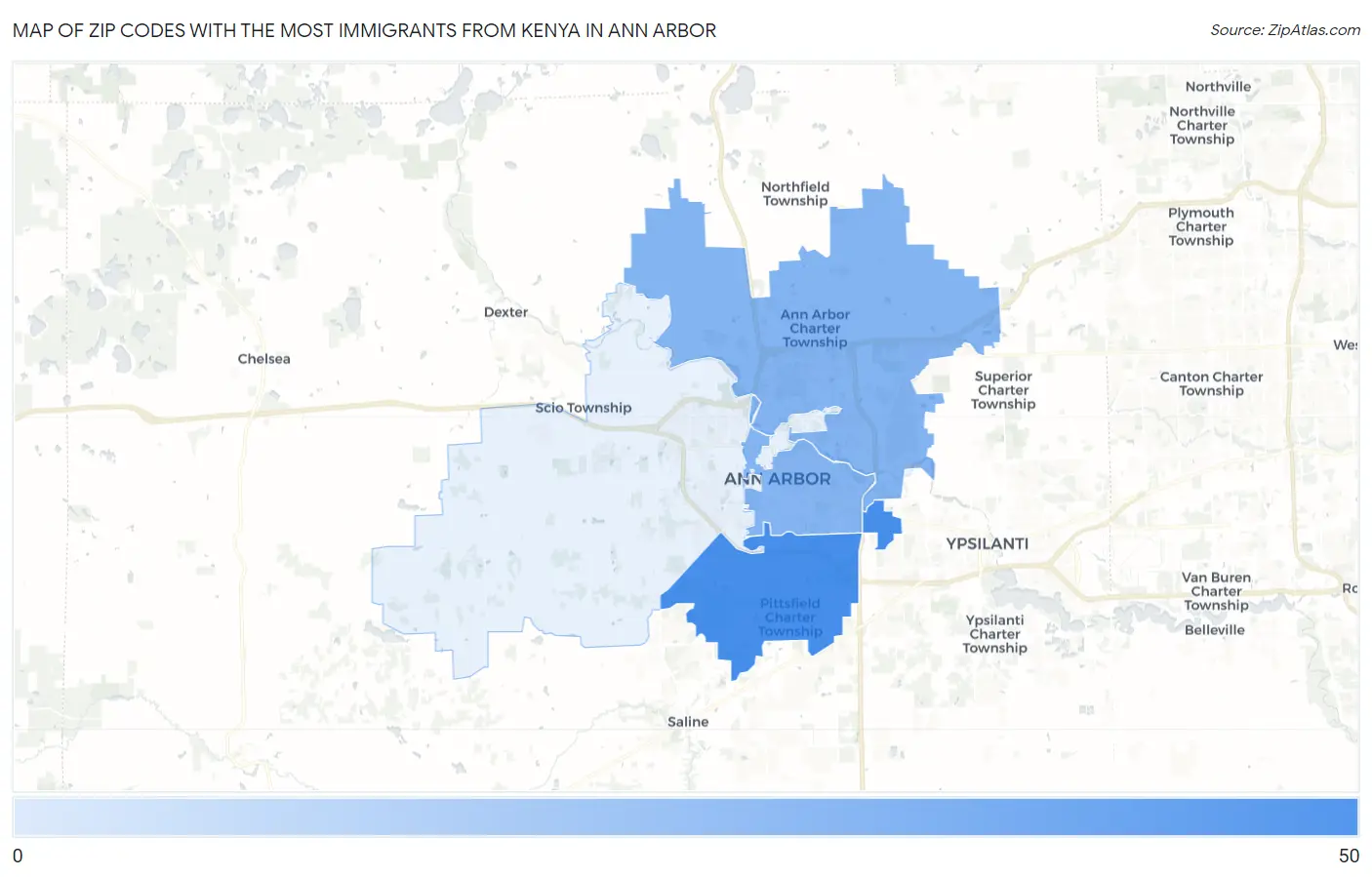 Zip Codes with the Most Immigrants from Kenya in Ann Arbor Map