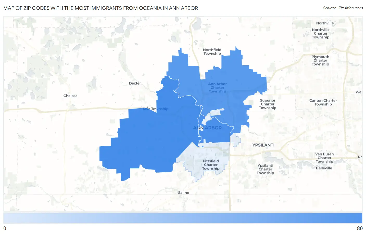 Zip Codes with the Most Immigrants from Oceania in Ann Arbor Map