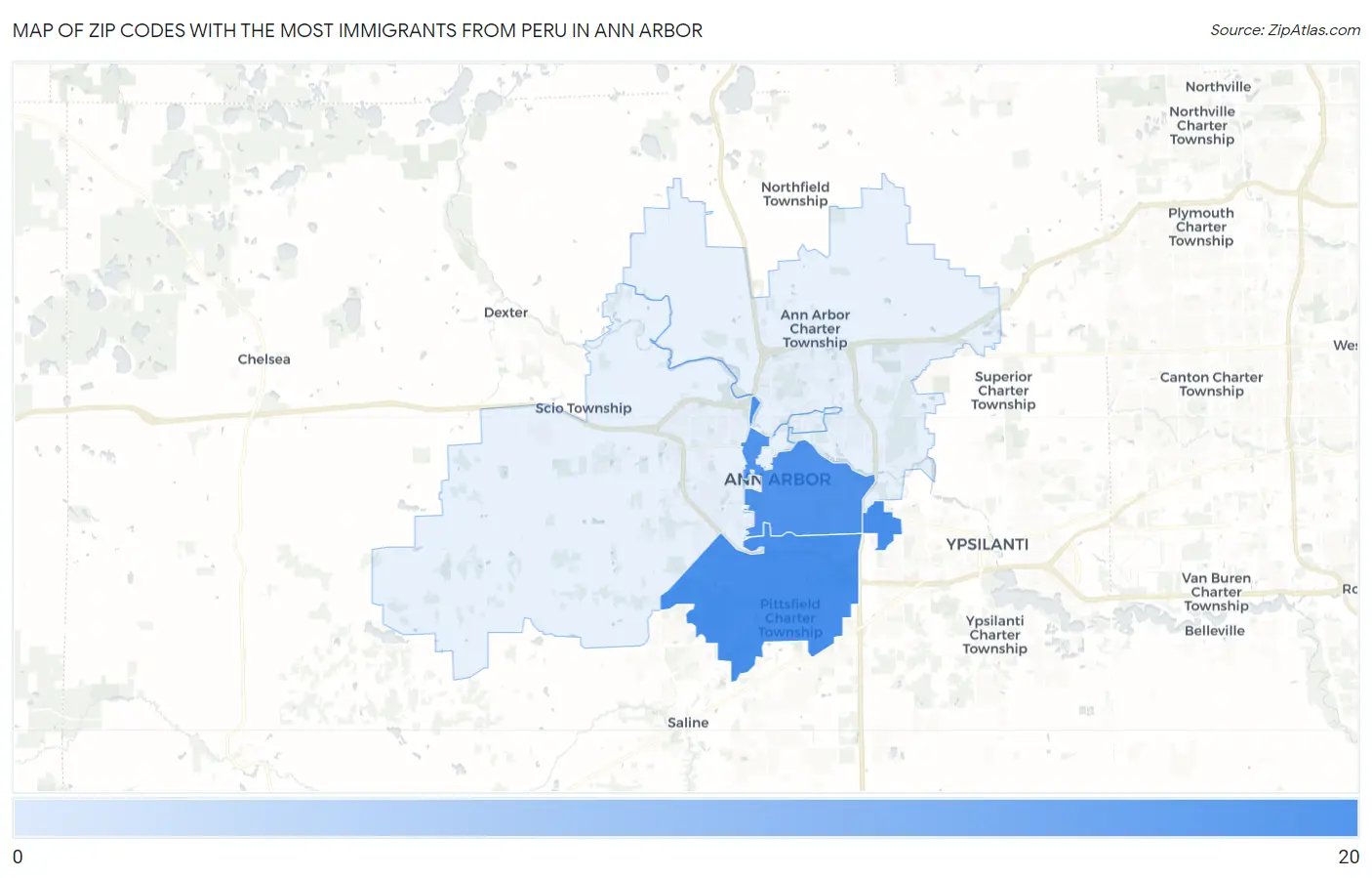 Zip Codes with the Most Immigrants from Peru in Ann Arbor Map