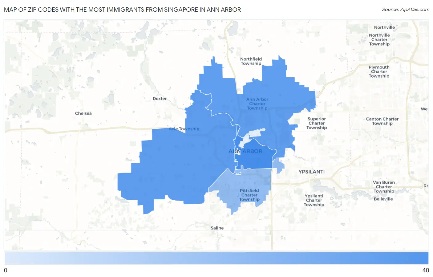 Zip Codes with the Most Immigrants from Singapore in Ann Arbor Map