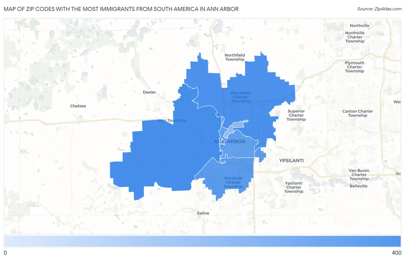 Zip Codes with the Most Immigrants from South America in Ann Arbor Map