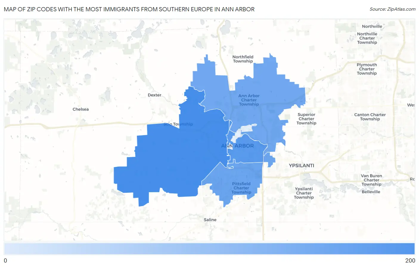 Zip Codes with the Most Immigrants from Southern Europe in Ann Arbor Map
