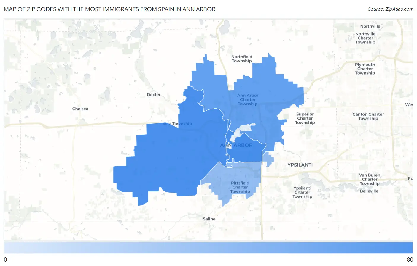 Zip Codes with the Most Immigrants from Spain in Ann Arbor Map