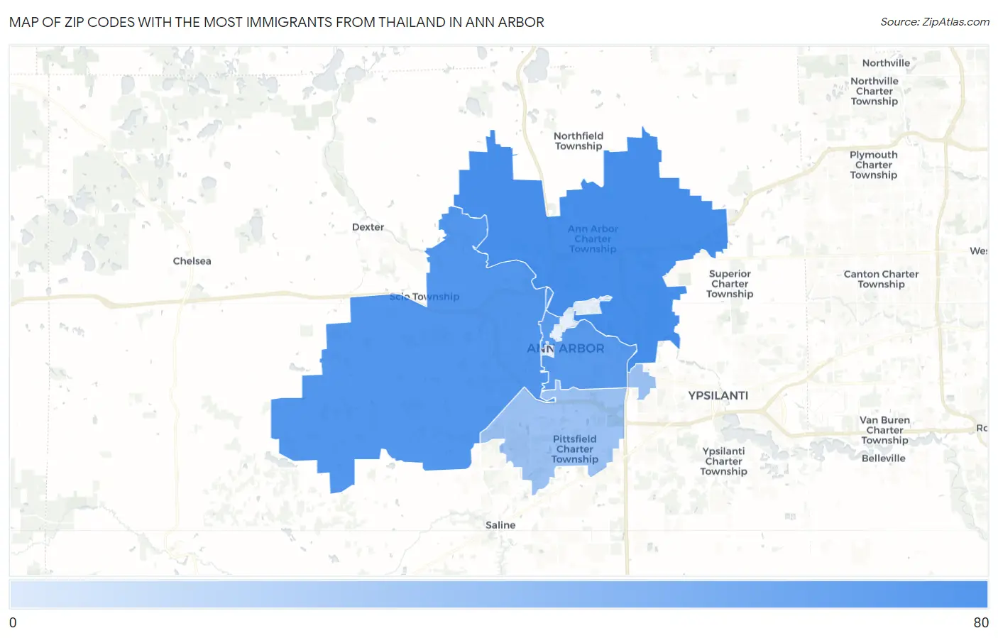 Zip Codes with the Most Immigrants from Thailand in Ann Arbor Map