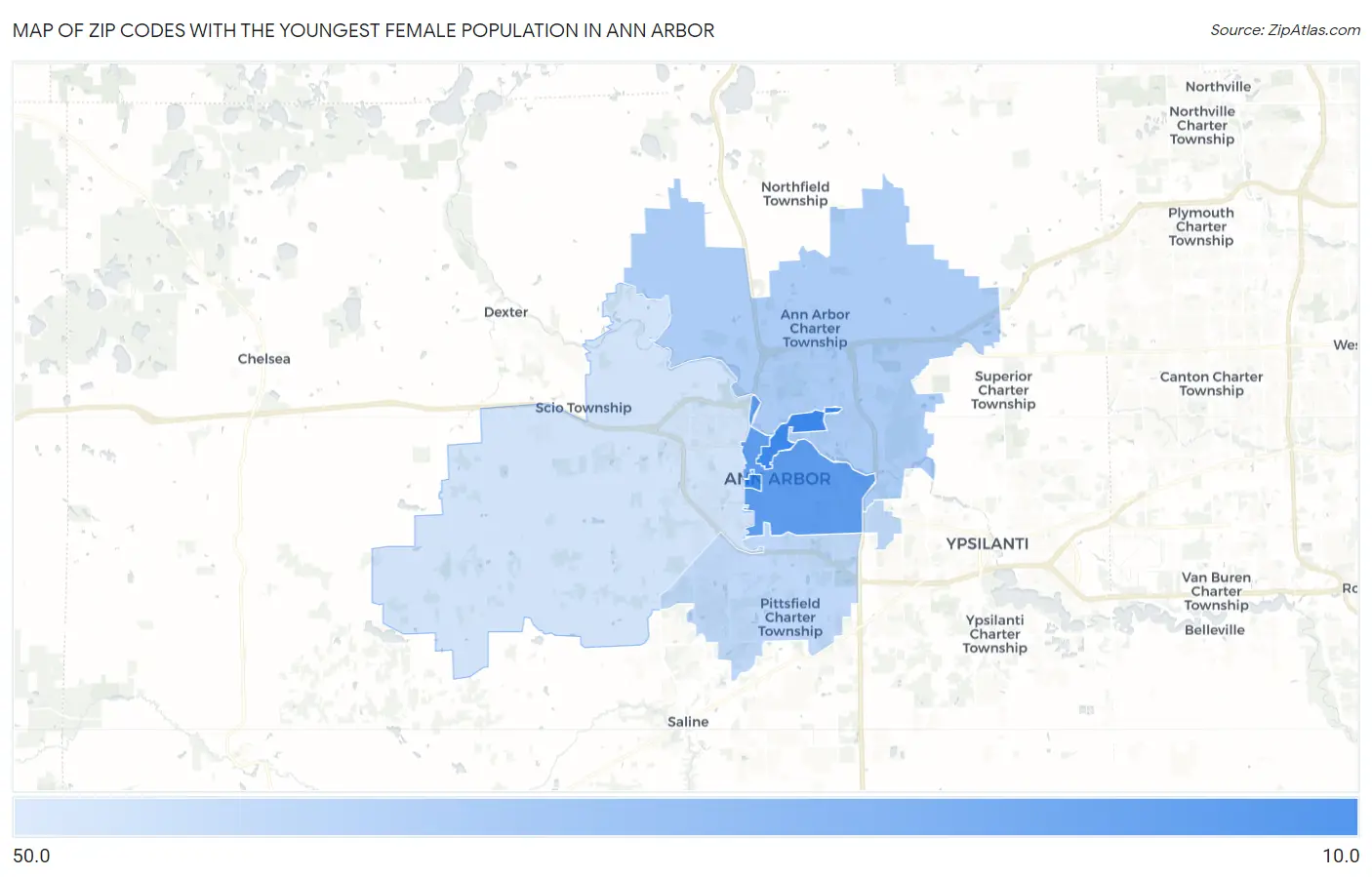 Zip Codes with the Youngest Female Population in Ann Arbor Map
