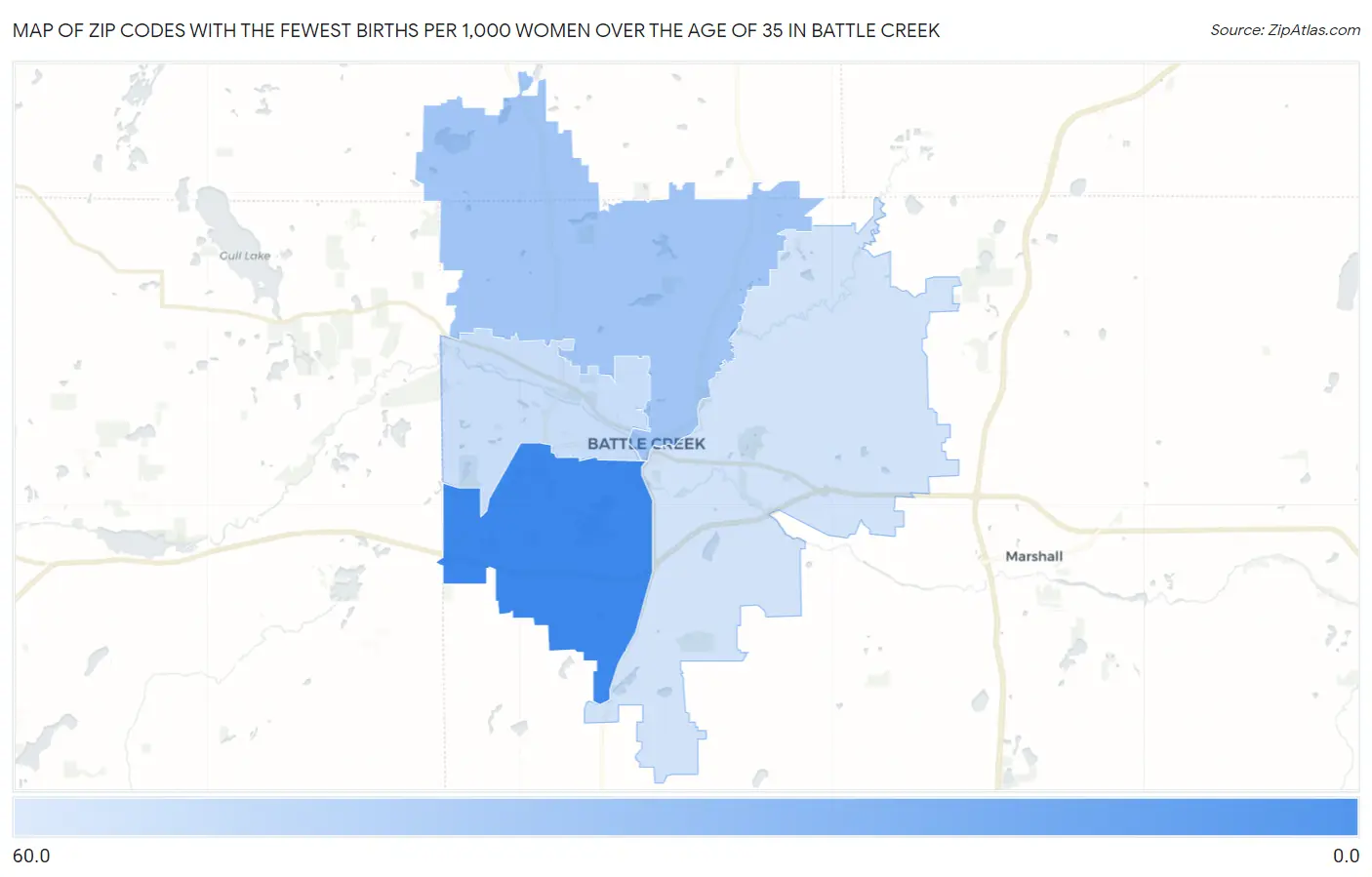 Zip Codes with the Fewest Births per 1,000 Women Over the Age of 35 in Battle Creek Map