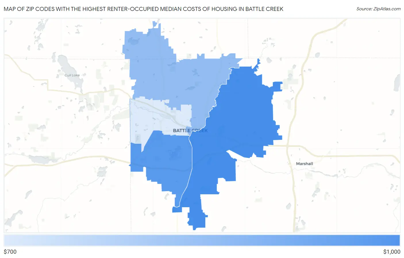 Zip Codes with the Highest Renter-Occupied Median Costs of Housing in Battle Creek Map