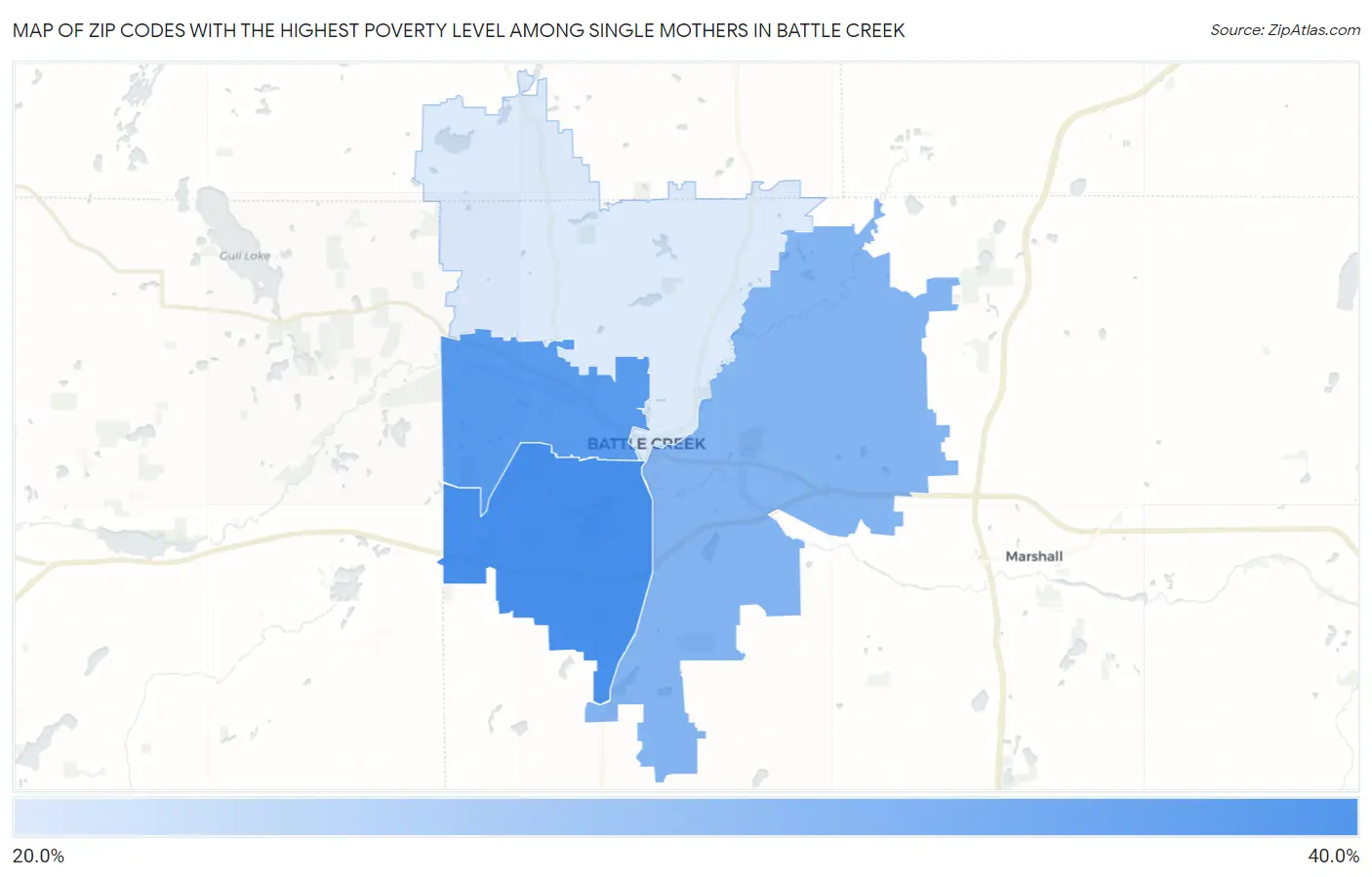 Zip Codes with the Highest Poverty Level Among Single Mothers in Battle Creek Map