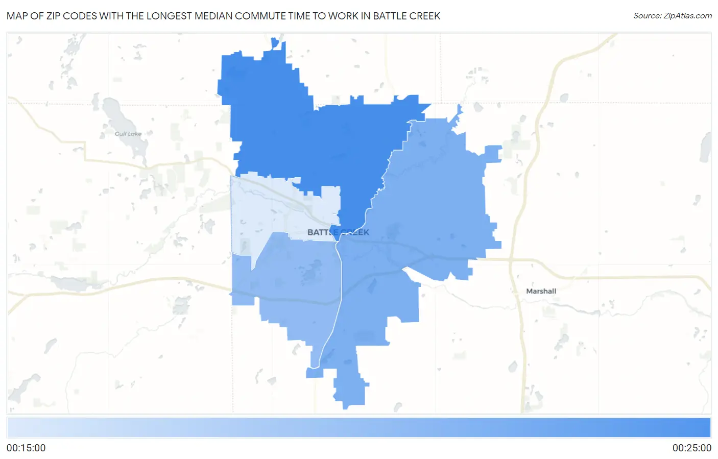 Zip Codes with the Longest Median Commute Time to Work in Battle Creek Map