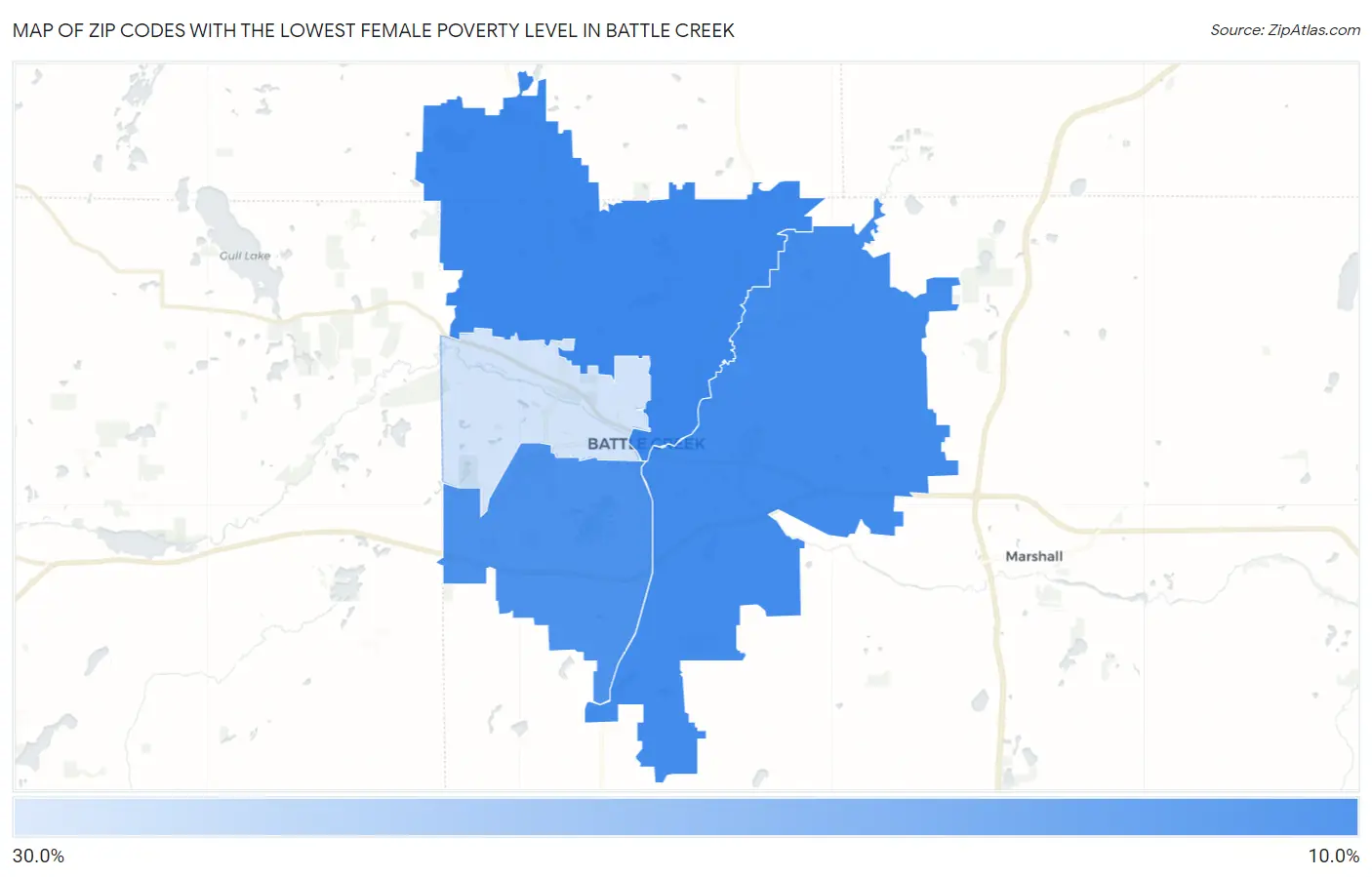Zip Codes with the Lowest Female Poverty Level in Battle Creek Map