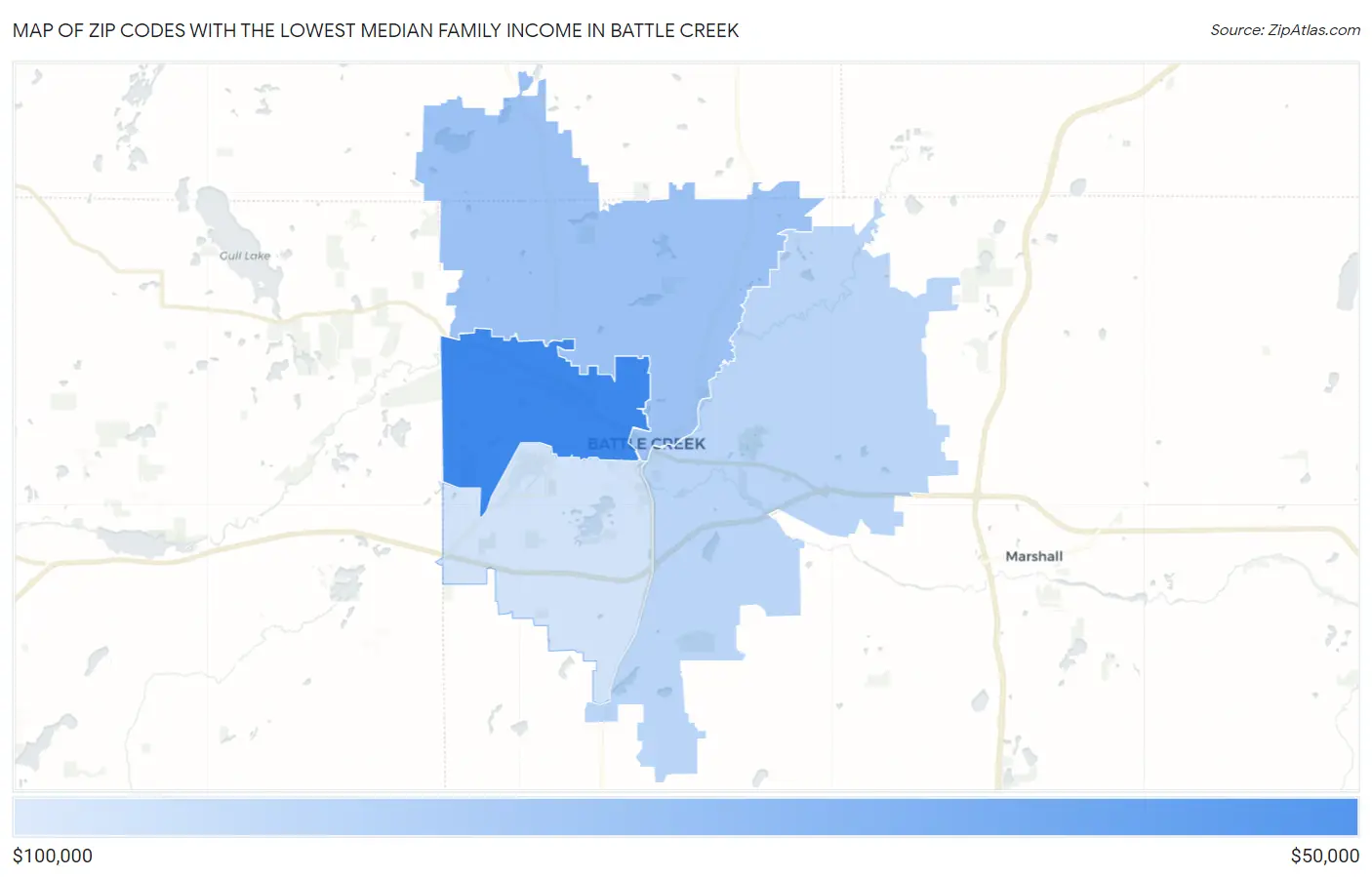 Zip Codes with the Lowest Median Family Income in Battle Creek Map
