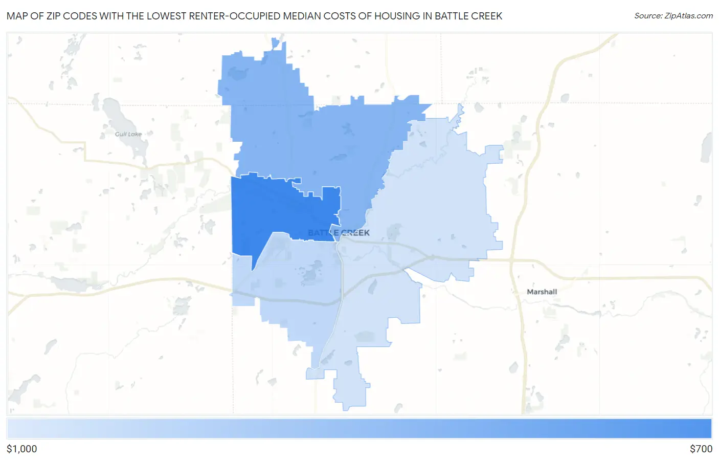 Zip Codes with the Lowest Renter-Occupied Median Costs of Housing in Battle Creek Map
