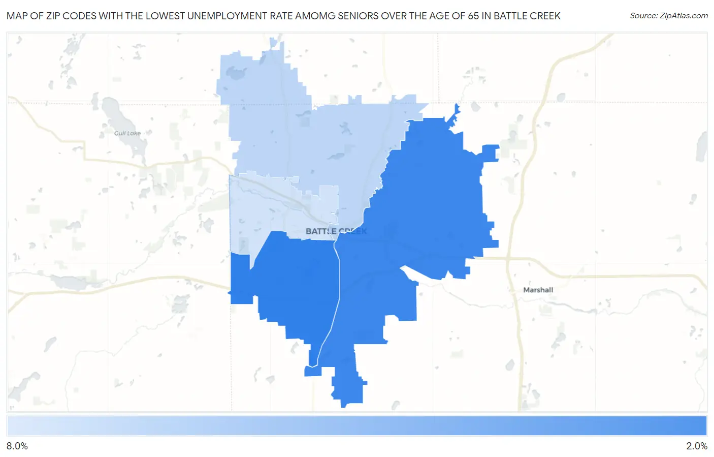 Zip Codes with the Lowest Unemployment Rate Amomg Seniors Over the Age of 65 in Battle Creek Map