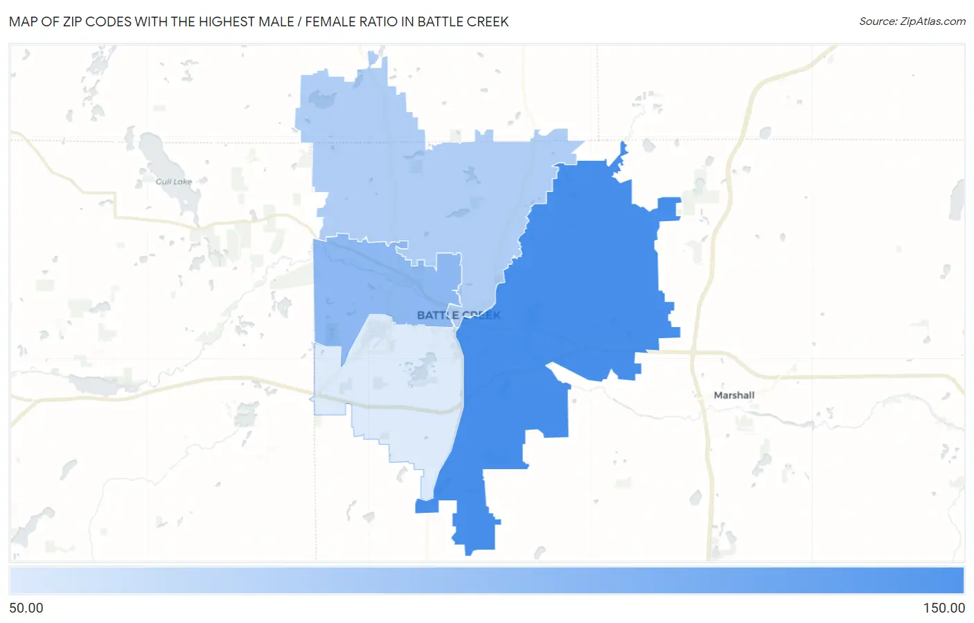 Zip Codes with the Highest Male / Female Ratio in Battle Creek Map