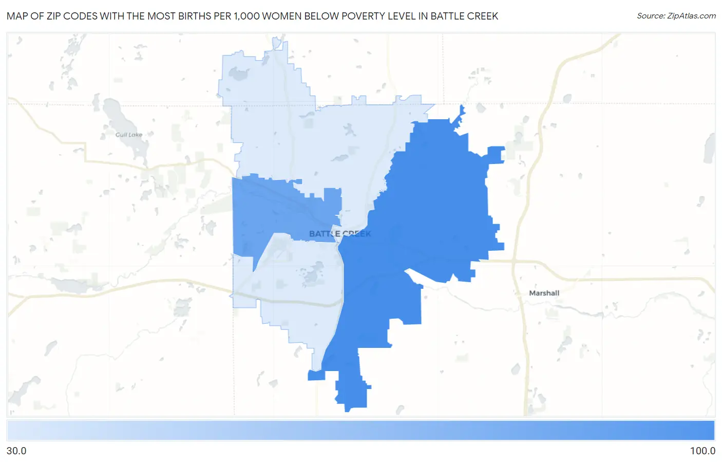 Zip Codes with the Most Births per 1,000 Women Below Poverty Level in Battle Creek Map
