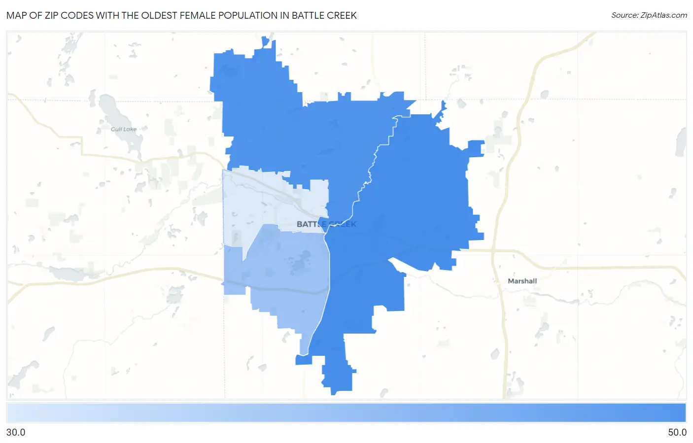 Zip Codes with the Oldest Female Population in Battle Creek Map