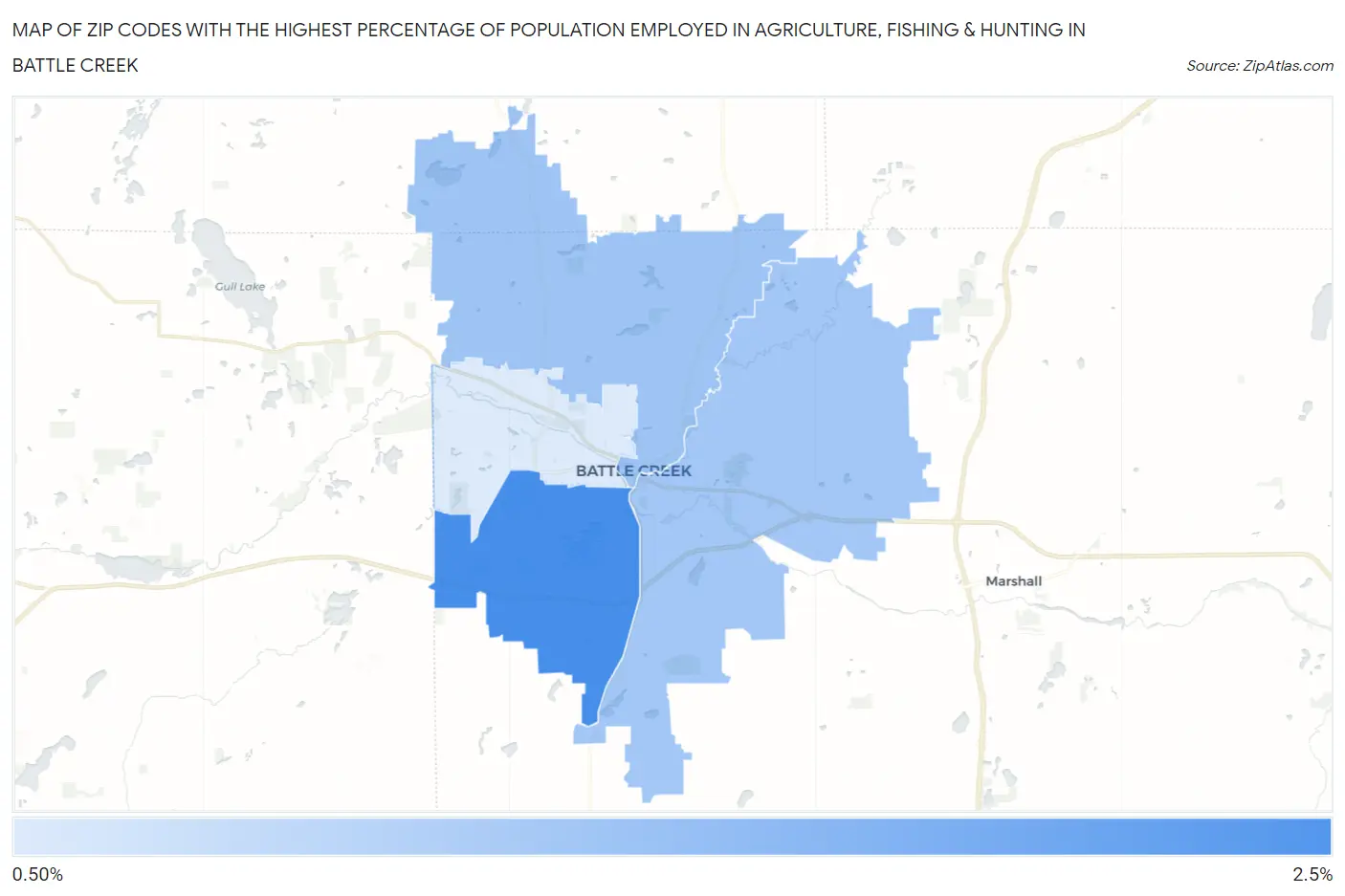 Zip Codes with the Highest Percentage of Population Employed in Agriculture, Fishing & Hunting in Battle Creek Map
