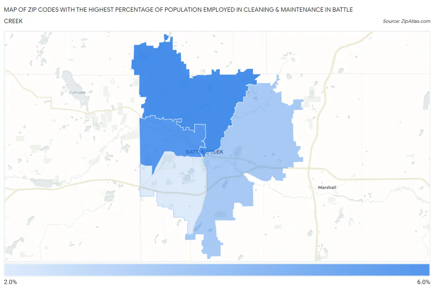 Zip Codes with the Highest Percentage of Population Employed in Cleaning & Maintenance in Battle Creek Map