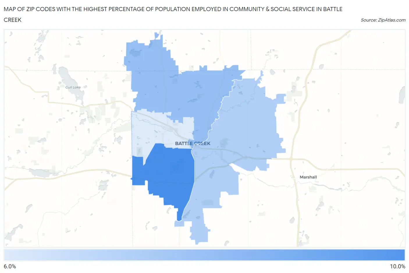 Zip Codes with the Highest Percentage of Population Employed in Community & Social Service  in Battle Creek Map