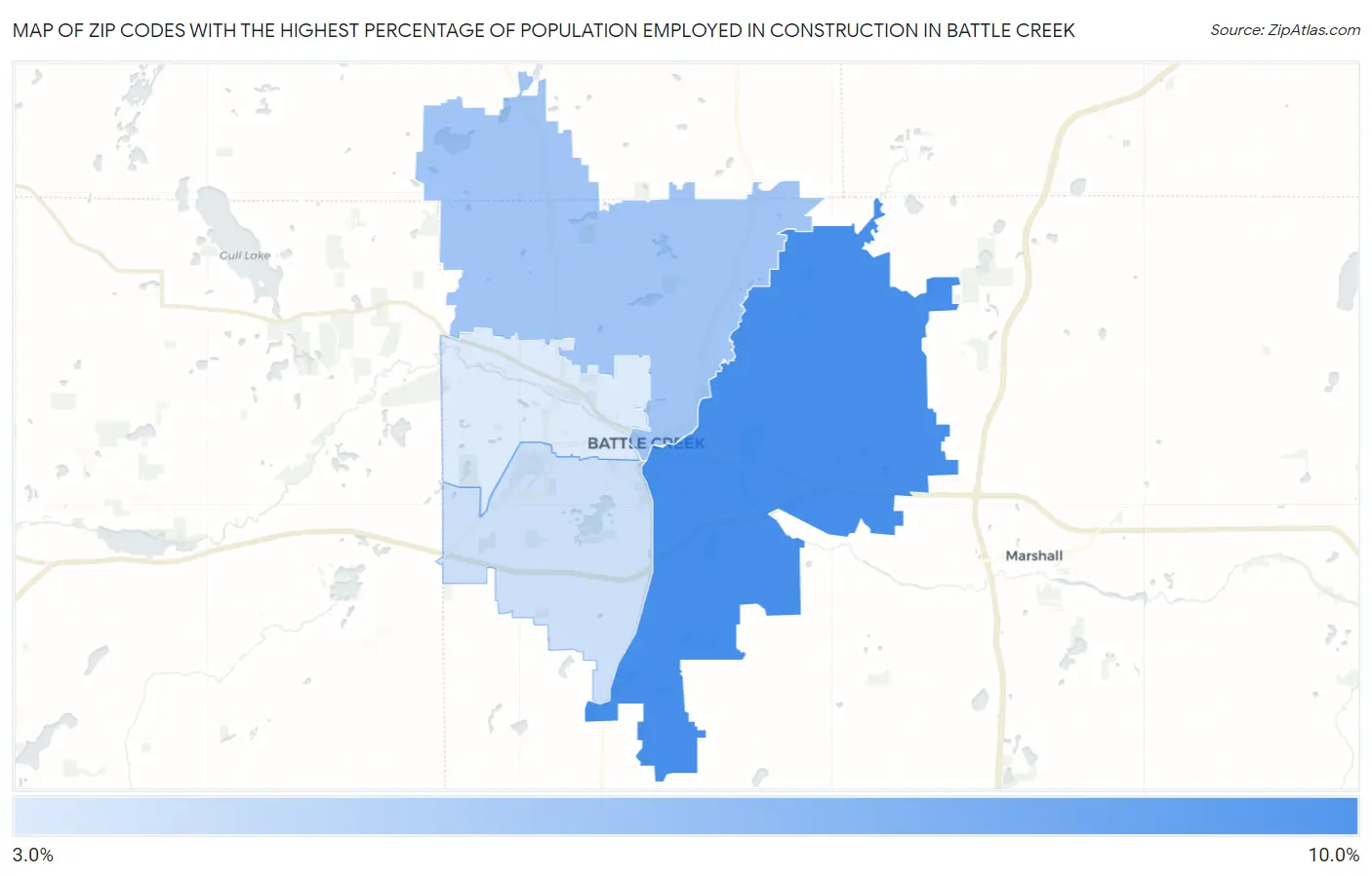 Zip Codes with the Highest Percentage of Population Employed in Construction in Battle Creek Map