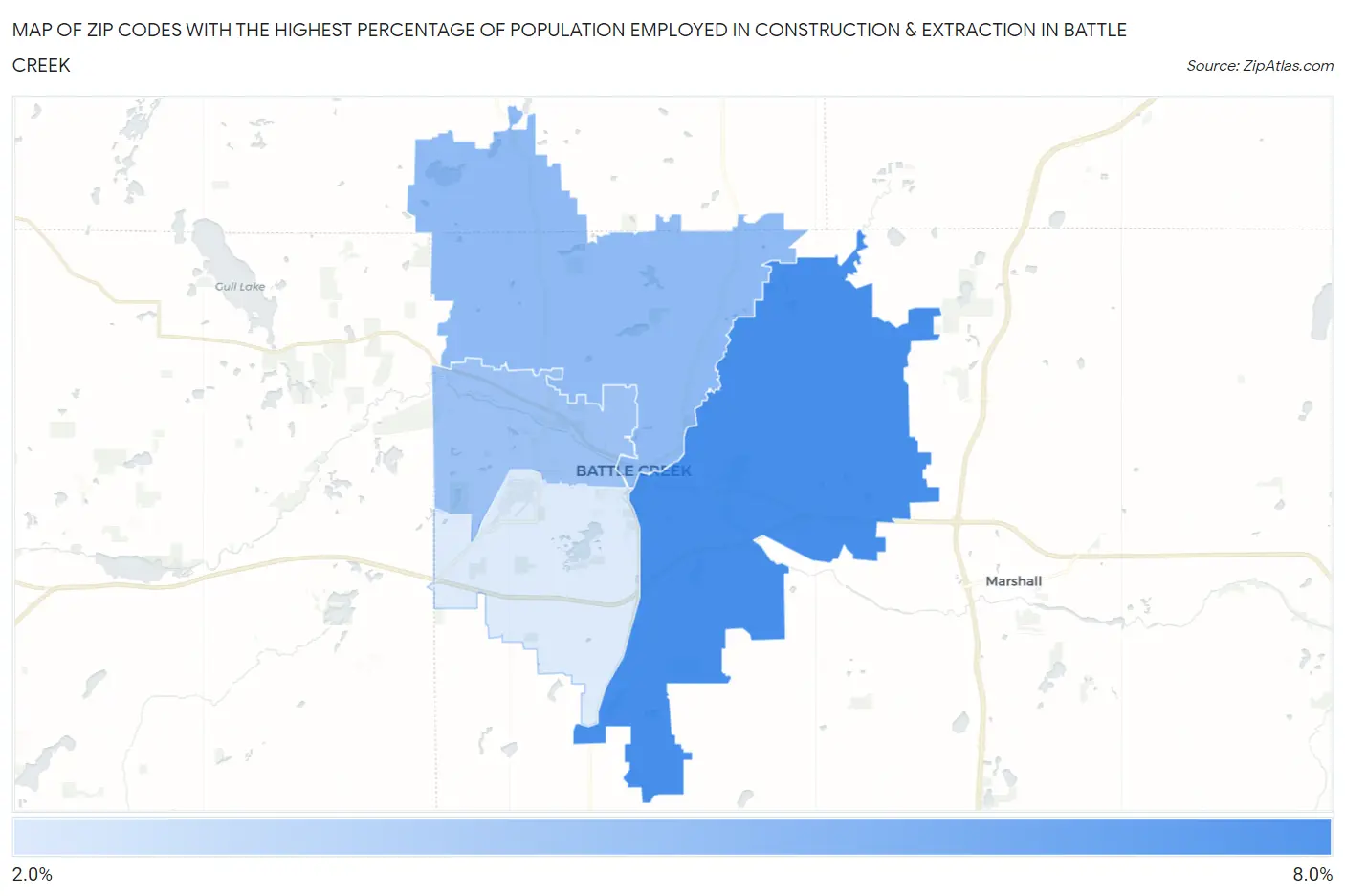 Zip Codes with the Highest Percentage of Population Employed in Construction & Extraction in Battle Creek Map