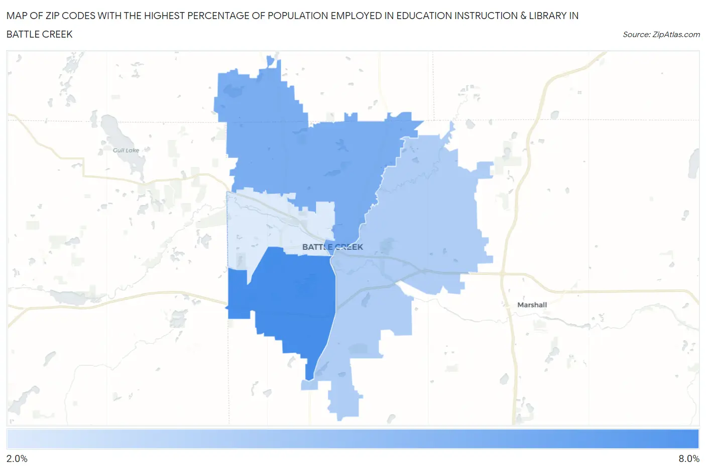 Zip Codes with the Highest Percentage of Population Employed in Education Instruction & Library in Battle Creek Map