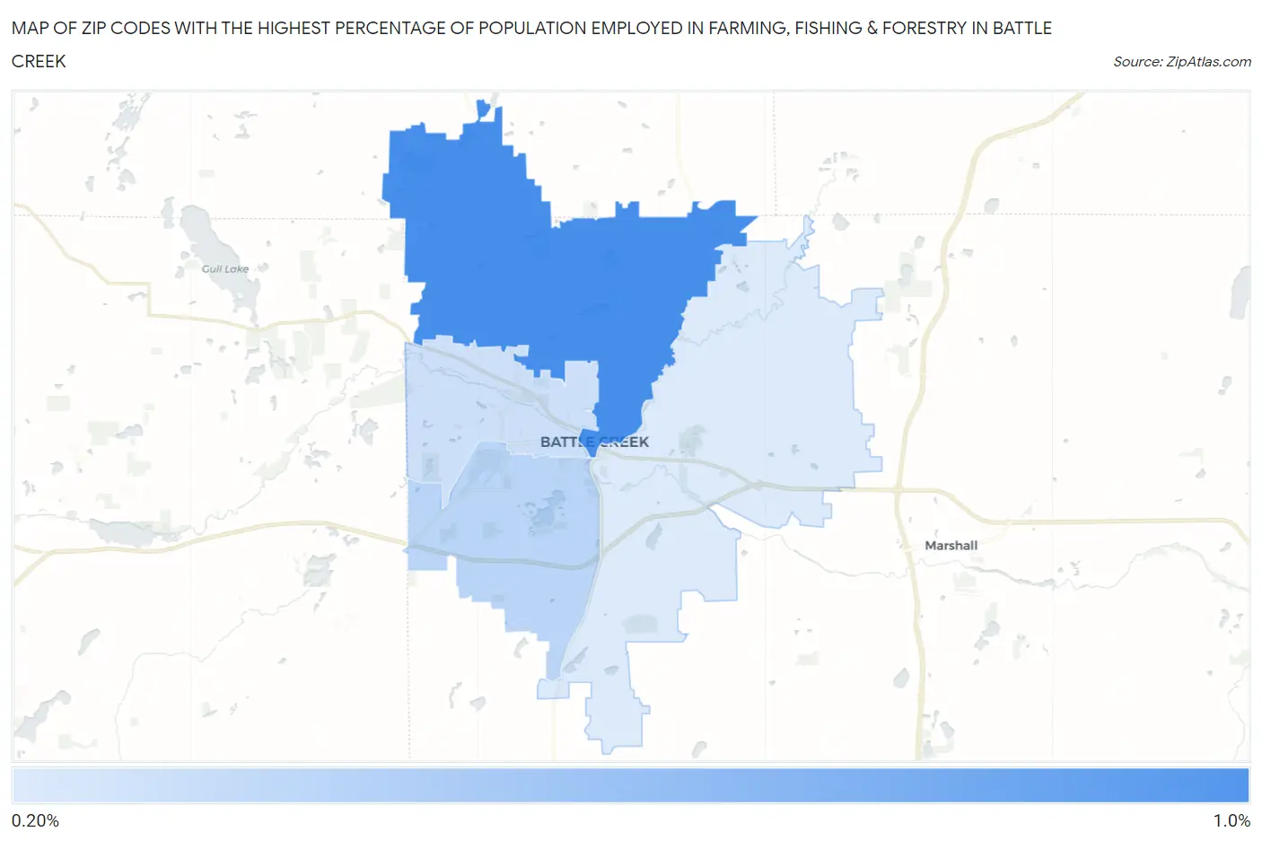 Zip Codes with the Highest Percentage of Population Employed in Farming, Fishing & Forestry in Battle Creek Map