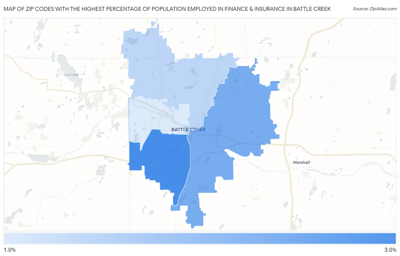 Zip Codes with the Highest Percentage of Population Employed in Finance & Insurance in Battle Creek Map