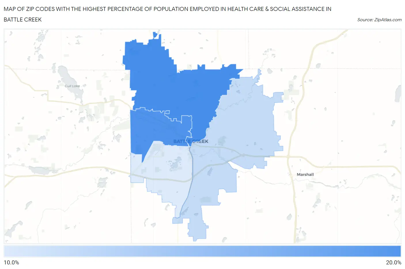 Zip Codes with the Highest Percentage of Population Employed in Health Care & Social Assistance in Battle Creek Map