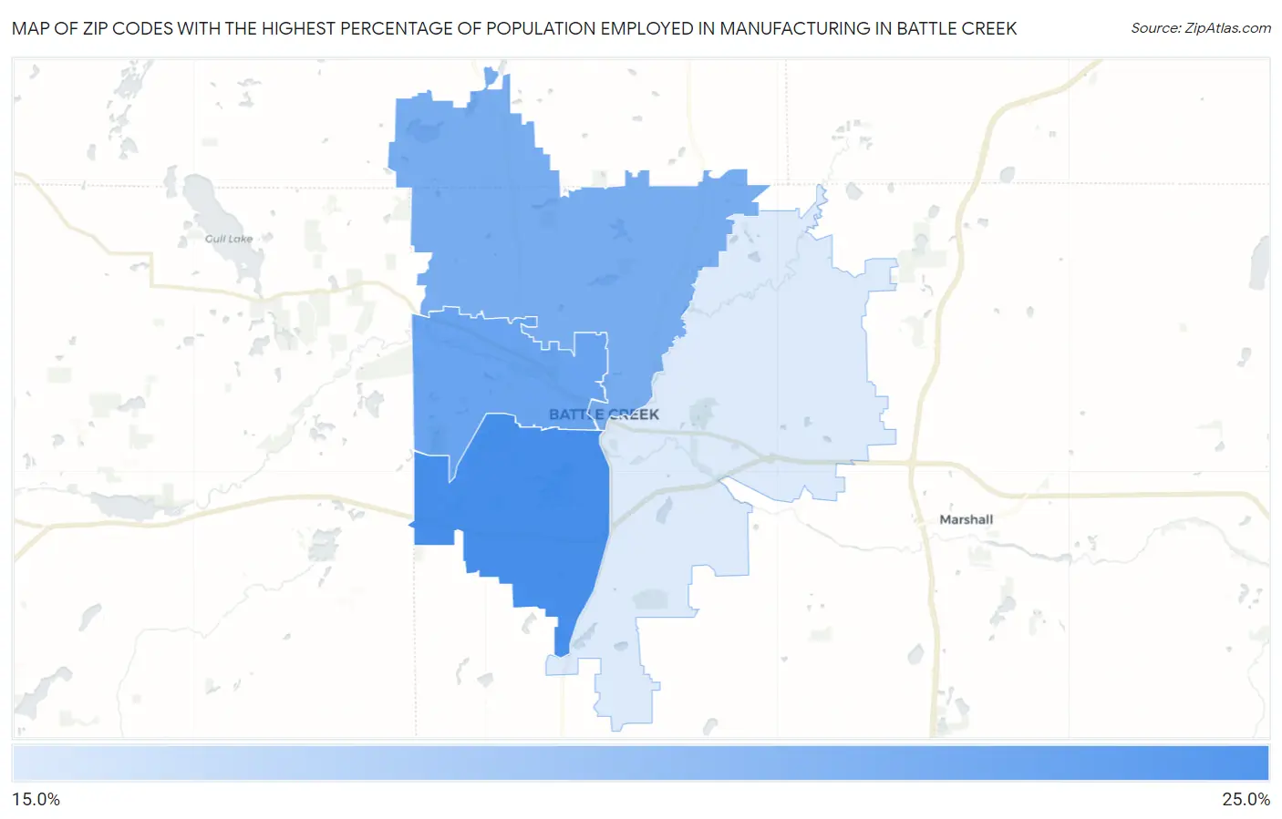 Zip Codes with the Highest Percentage of Population Employed in Manufacturing in Battle Creek Map