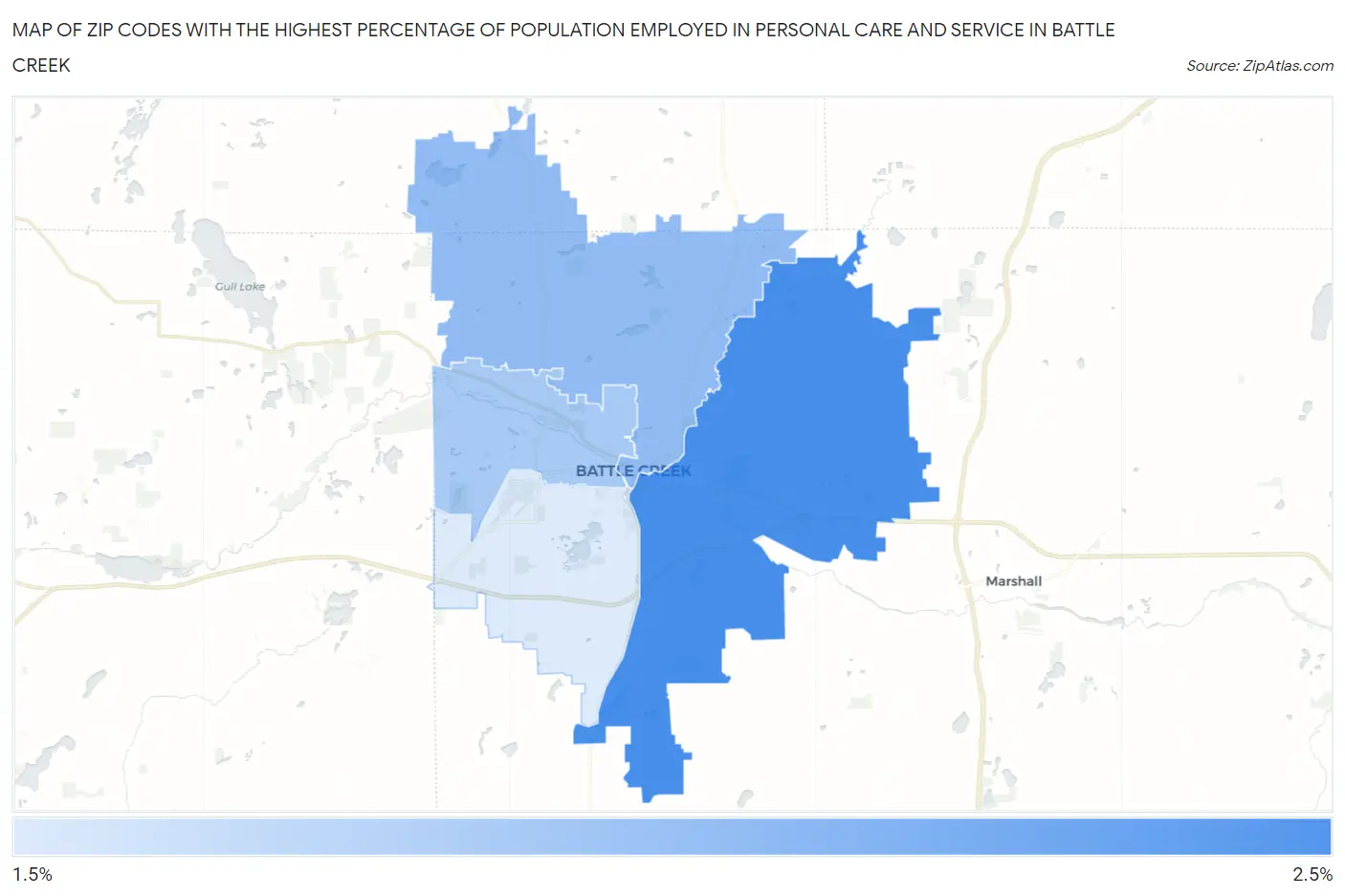 Zip Codes with the Highest Percentage of Population Employed in Personal Care and Service in Battle Creek Map