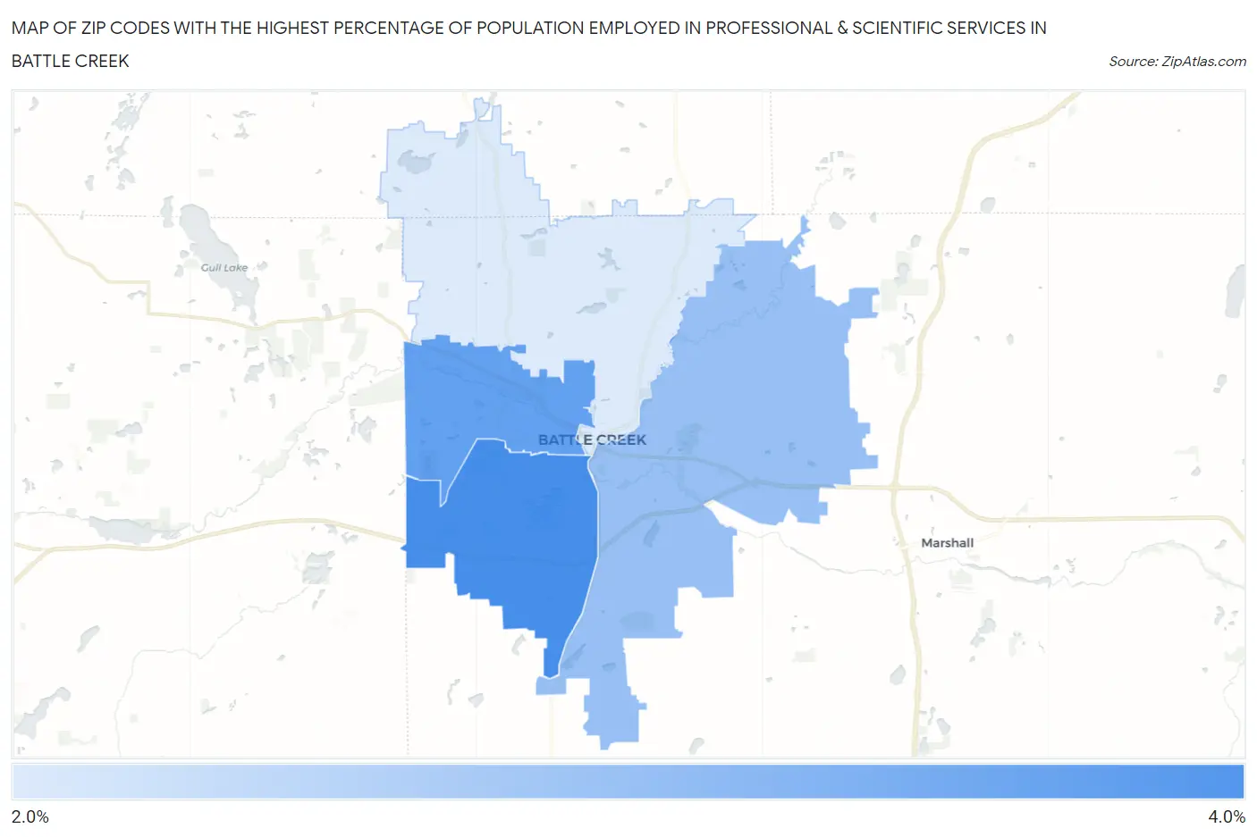 Zip Codes with the Highest Percentage of Population Employed in Professional & Scientific Services in Battle Creek Map
