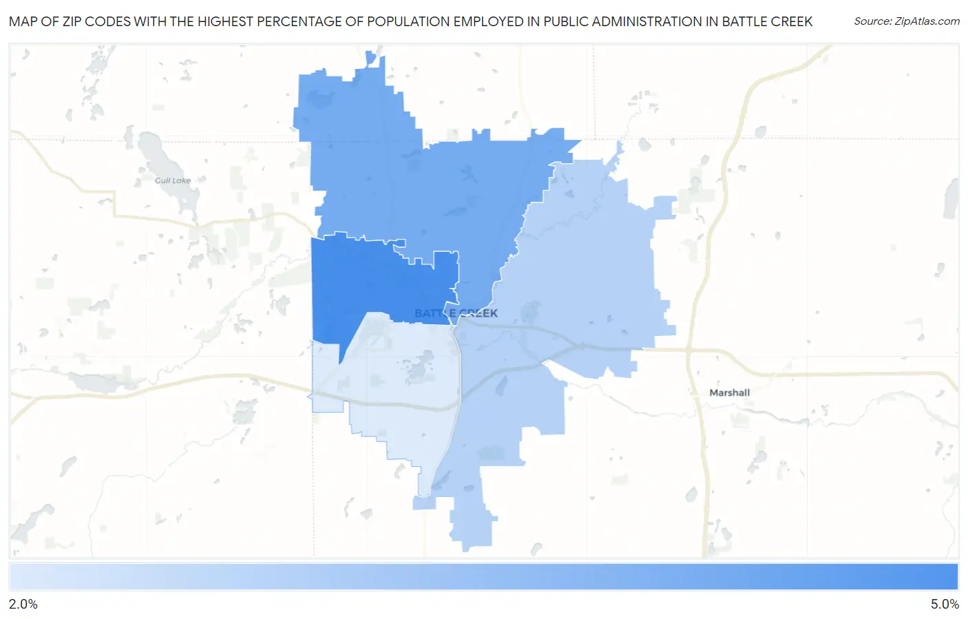 Zip Codes with the Highest Percentage of Population Employed in Public Administration in Battle Creek Map