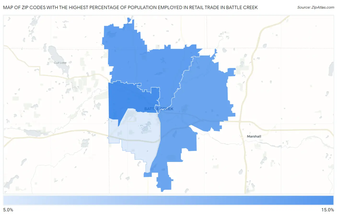 Zip Codes with the Highest Percentage of Population Employed in Retail Trade in Battle Creek Map