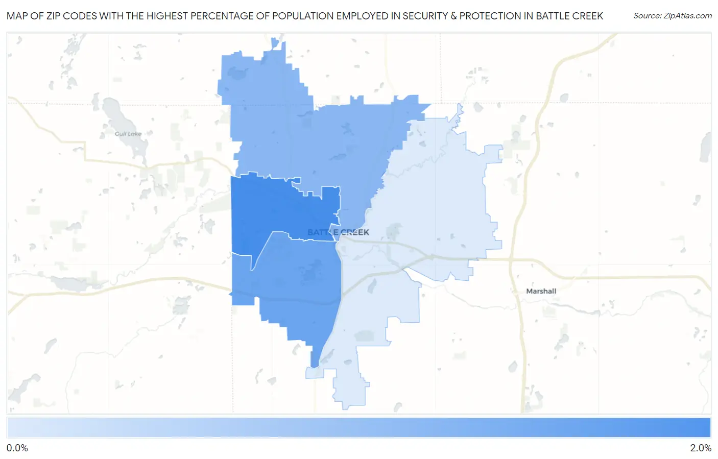 Zip Codes with the Highest Percentage of Population Employed in Security & Protection in Battle Creek Map