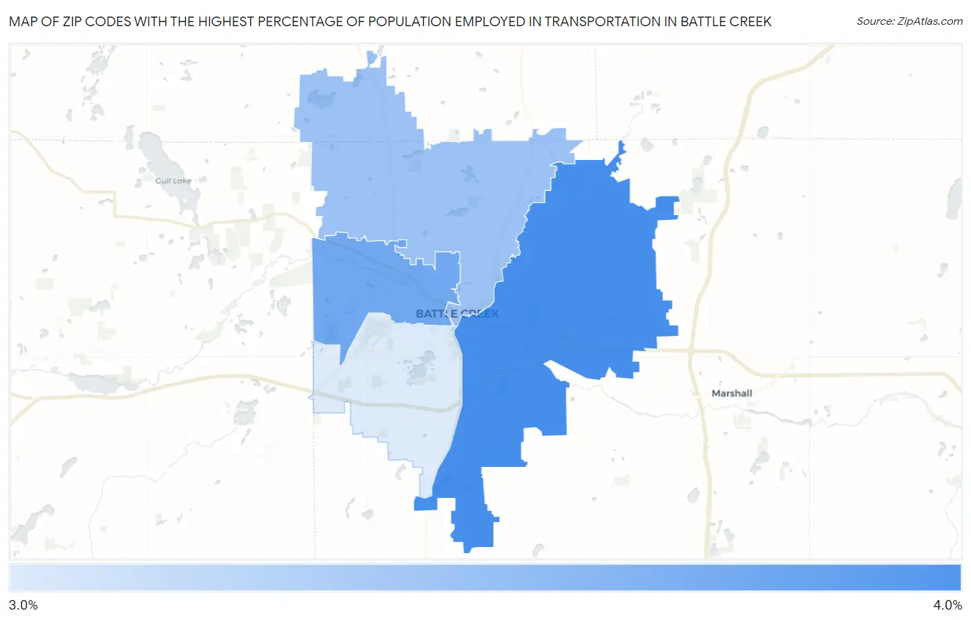 Zip Codes with the Highest Percentage of Population Employed in Transportation in Battle Creek Map