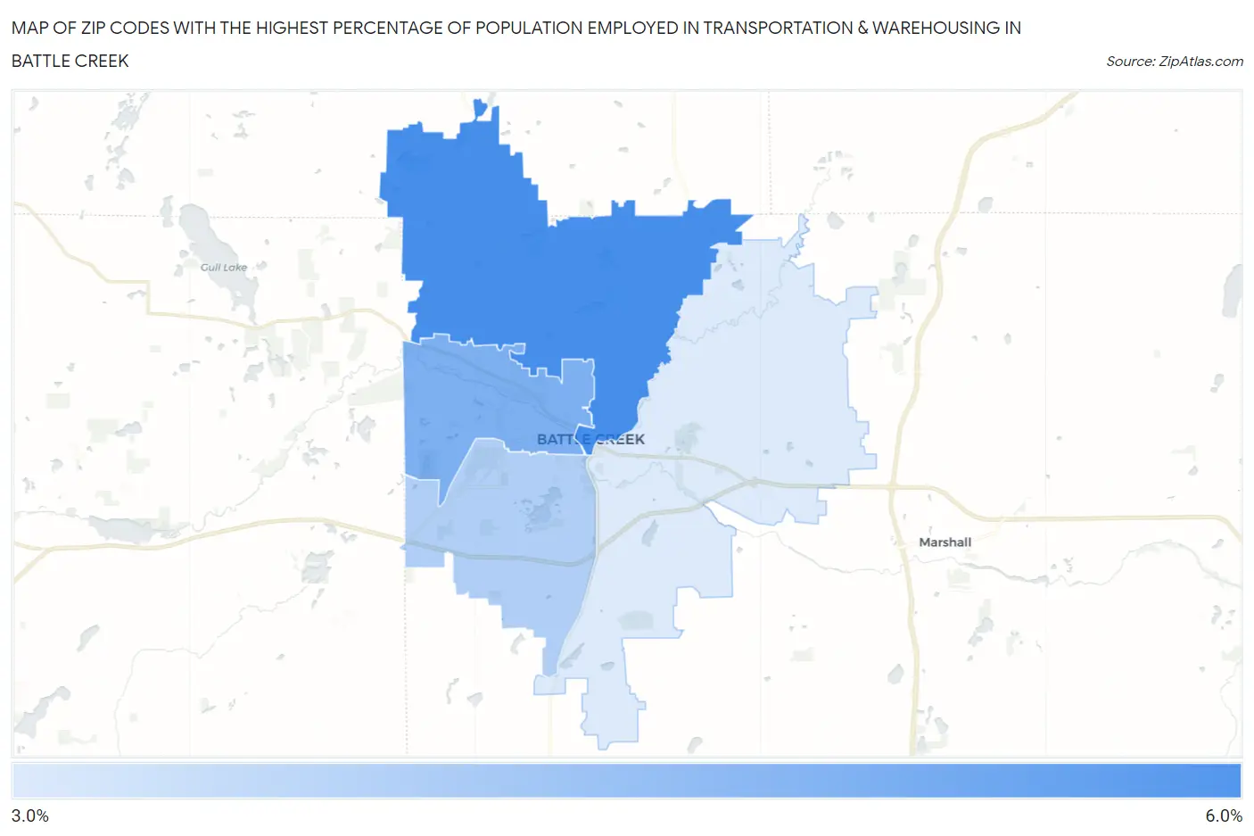 Zip Codes with the Highest Percentage of Population Employed in Transportation & Warehousing in Battle Creek Map