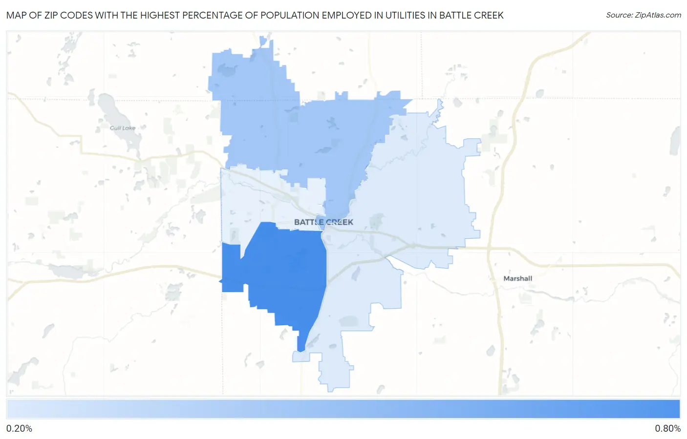 Zip Codes with the Highest Percentage of Population Employed in Utilities in Battle Creek Map