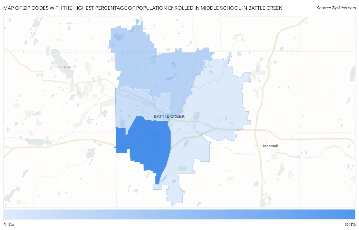 Zip Codes with the Highest Percentage of Population Enrolled in Middle School in Battle Creek Map