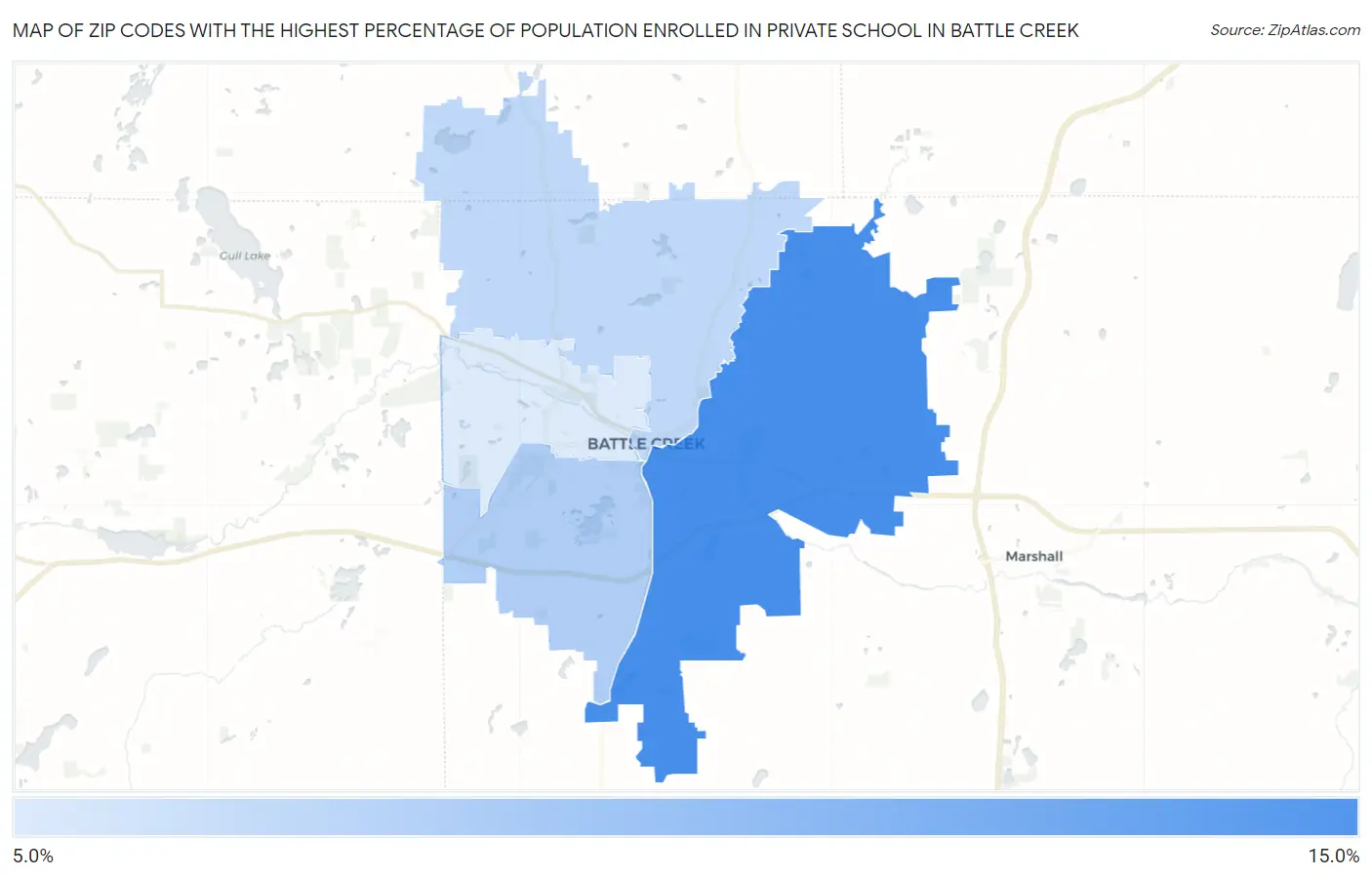Zip Codes with the Highest Percentage of Population Enrolled in Private School in Battle Creek Map