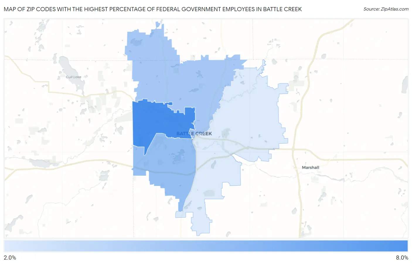 Zip Codes with the Highest Percentage of Federal Government Employees in Battle Creek Map