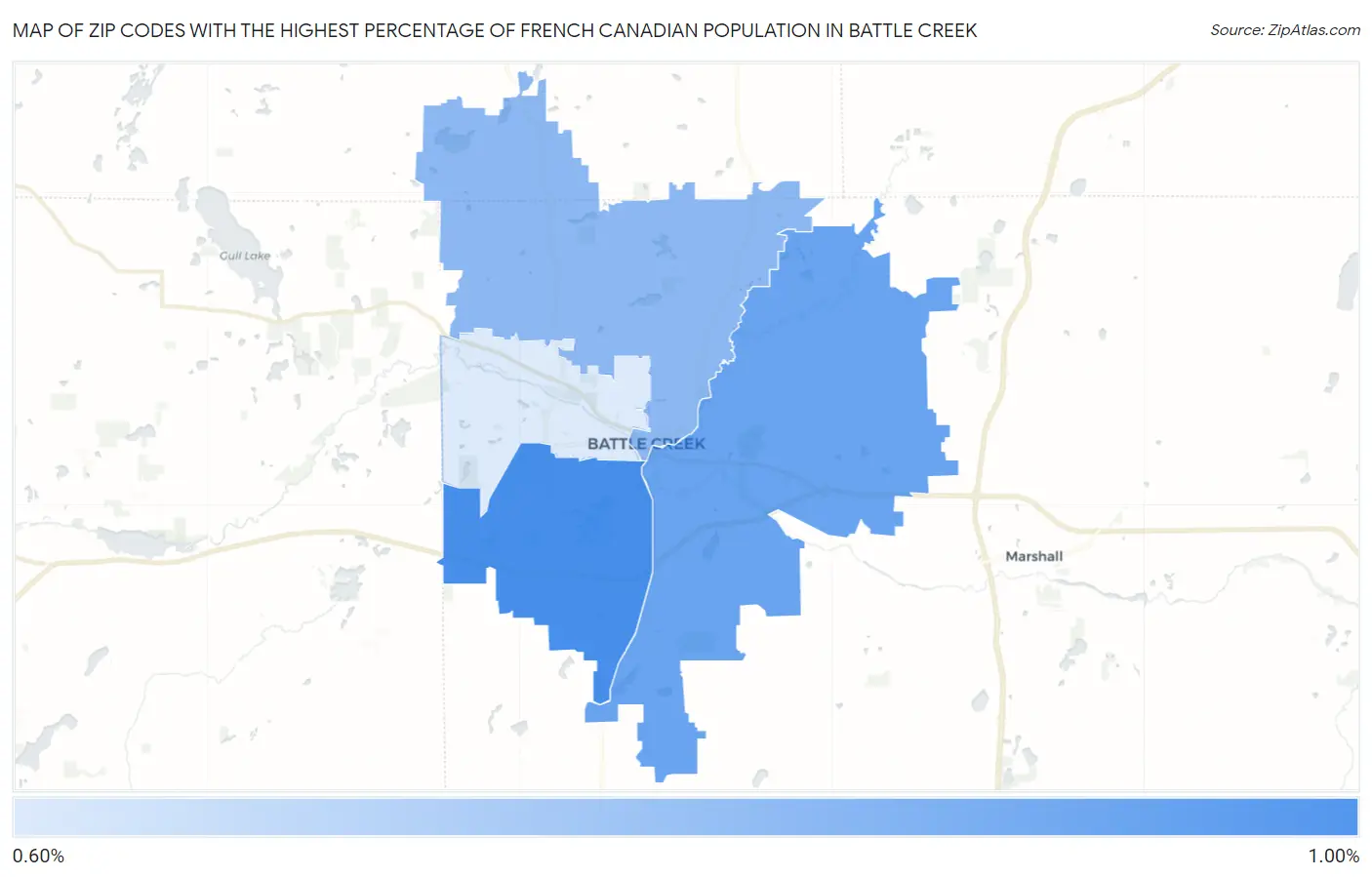 Zip Codes with the Highest Percentage of French Canadian Population in Battle Creek Map