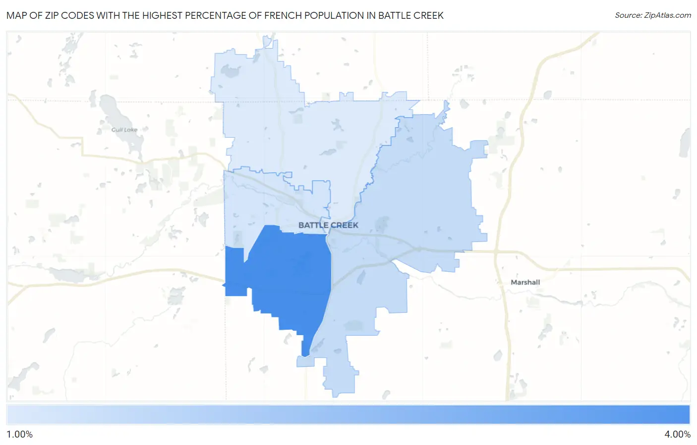 Zip Codes with the Highest Percentage of French Population in Battle Creek Map