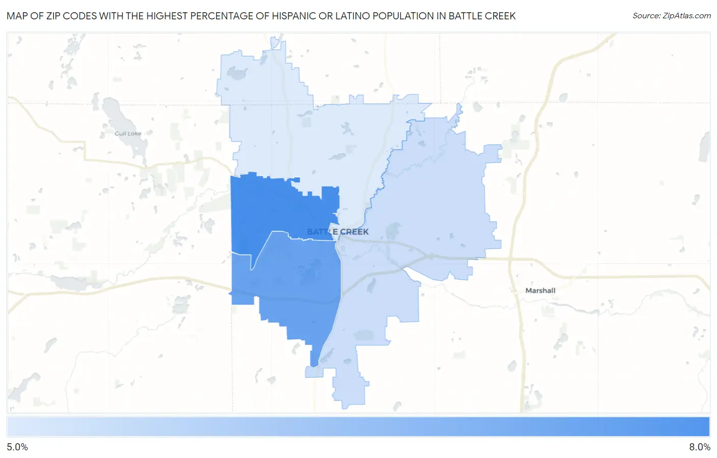 Zip Codes with the Highest Percentage of Hispanic or Latino Population in Battle Creek Map