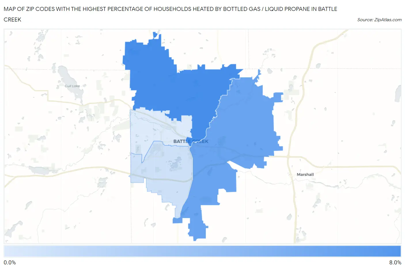 Zip Codes with the Highest Percentage of Households Heated by Bottled Gas / Liquid Propane in Battle Creek Map
