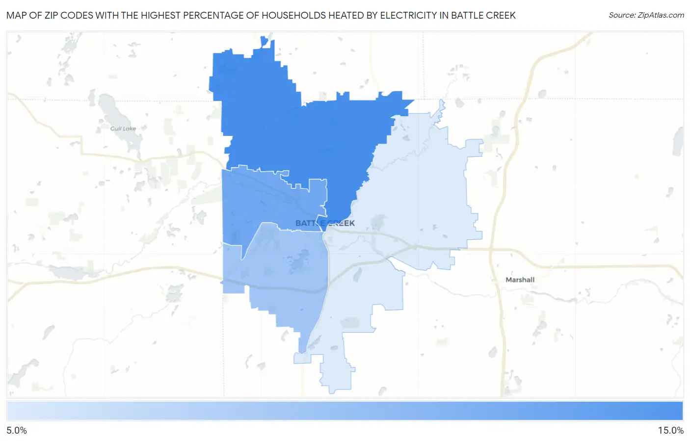 Zip Codes with the Highest Percentage of Households Heated by Electricity in Battle Creek Map